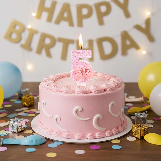 Number 5 Birthday Candle, Pink Bow Birthday Candles, Glitter Candle Cake Topper, Happy Birthday Cake Decoration Gifts, Anniversary Party Supplies for Girl