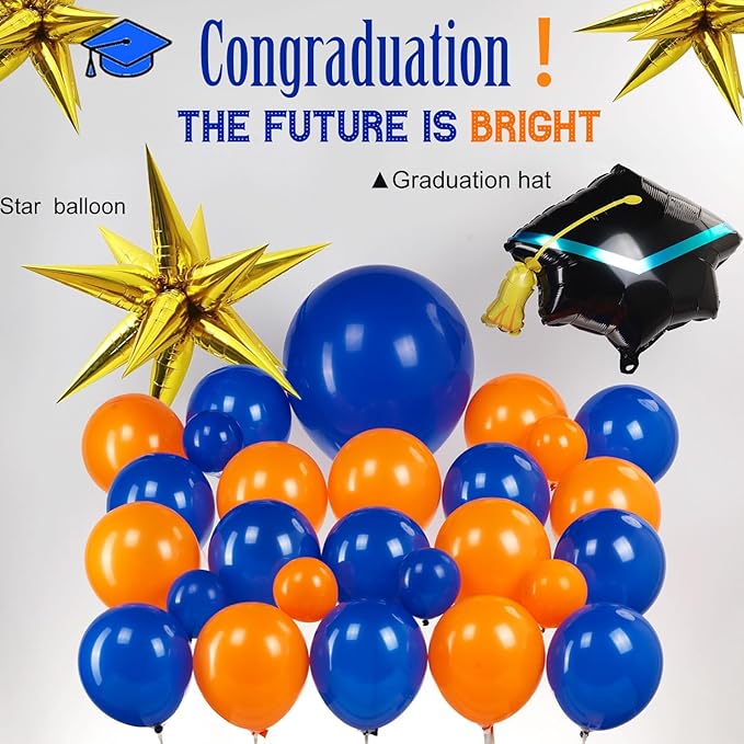 Orange and blue Graduation Balloon Garland Arch Kit with foil star crown graduation cap balloons for School students graduate class of 2026 Prom Party Decorations (Royal Blue Orange)