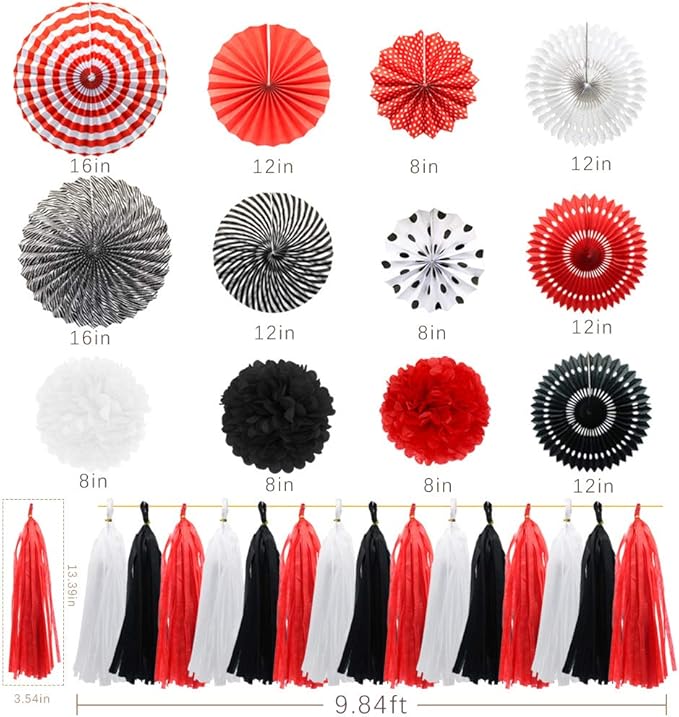 Mouse Ladybug Pirate Birthday Party Decorations, Red White Black Hanging Paper Fans Pom Poms Flowers Tissue Tassel Garland for BBQ Graduation Retirement Halloween