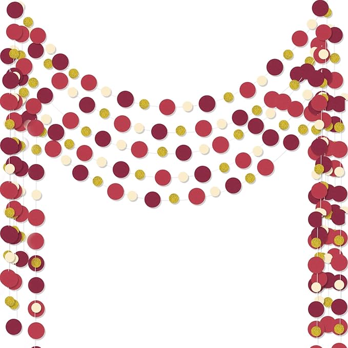 Outus 5 Pieces Maroon,Gold Round Dots Garland Graduation Party Hanging Decor Each Length 13.1ft Glitter Paper Dot Streamers for Birthday Wedding Classroom Supplies
