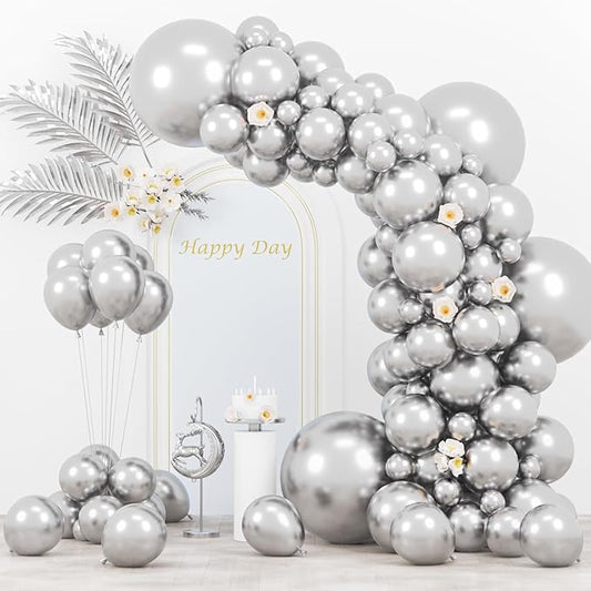 Voircoloria 130pcs Metallic Silver Balloons Different Sizes 18" 12" 10" 5" Chrome Silver Balloon Garland Arch Kit for Graduation Birthday Baby Shower Wedding Anniversary New Year Party Decorations