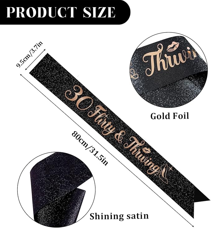 30 Flirty & Thriving Black Sash with Rose Gold Foil,Talk Thirty to Me Sash for Women's 30th Birthday Gift,Cheers to 30 Years Anniversary/Birthday Party Decorations