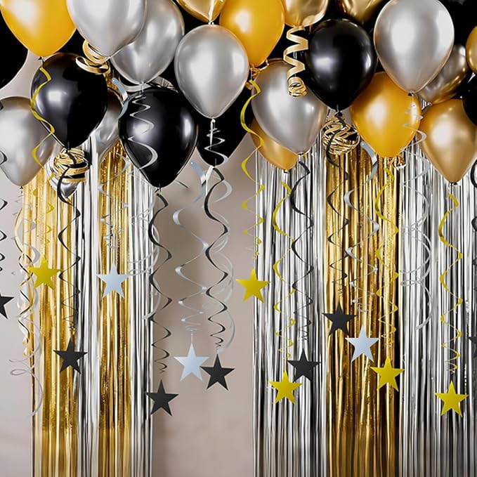 GAKA Black Gold and Silver Foil Hanging Ceiling Swirls Garland,Star Swirl Streamer Decorations for Birthday,Anniversary,Graduation Party Supplies(24Pcs)