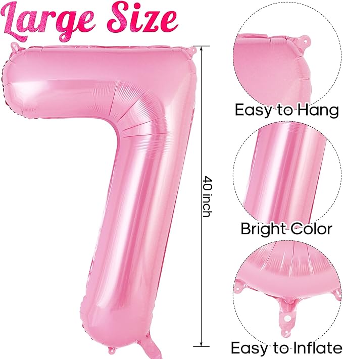 Pink Number 7 Balloon 40 Inch, Big Large Foil Helium Number Balloons, Jumbo Giant Mylar Number 7 Balloons for 7 Year Old Birthday Party Decorations Supplies Anniversary Celebration