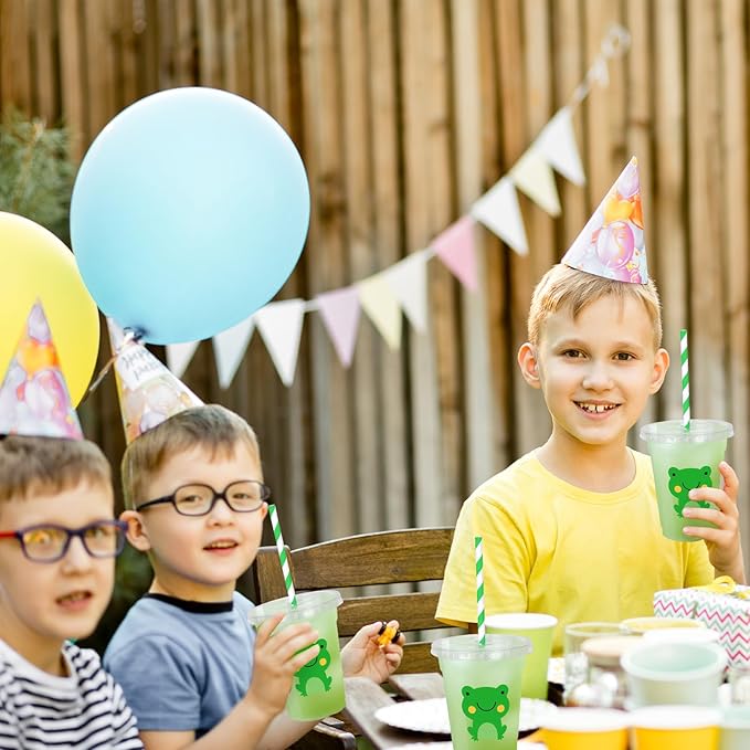 Whaline 50 Pcs Frog Disposable Plastic Cups with Lids and Straws Cute Green Frog Party Cups Cold Beverage Drinking Cups for Baby Shower Birthday Party Supplies