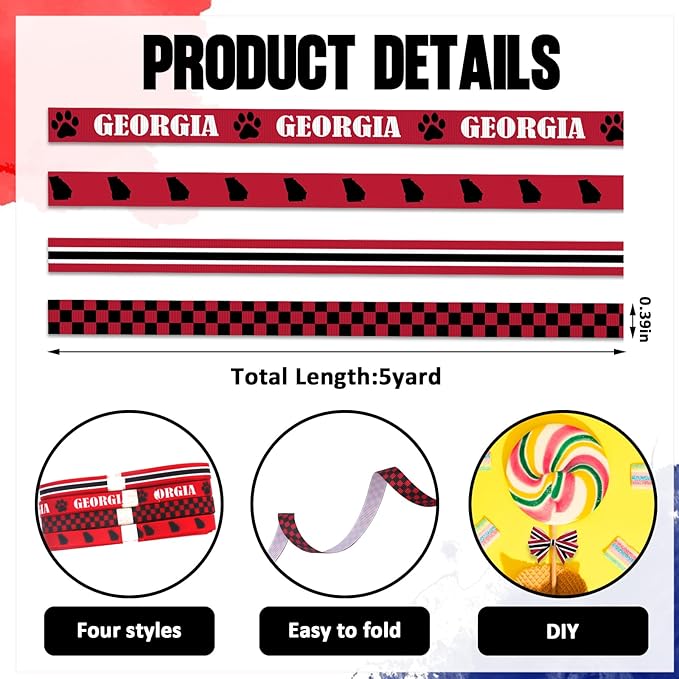 4 PCS Georgia Ribbons for Crafting, 3/8" Width Red Black Plaid Stripes Grosgrain Ribbons Map Paws Craft Ribbons for Gift Wrapping DIY Sports Birthday Decorations-10 Yards