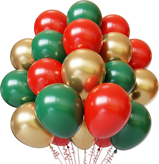 Christmas Balloons, 50pcs 12 inch Red Green Gold Latex Balloons for Christmas Party Decorations