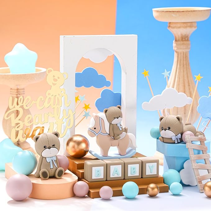 Yinder Bear Cake Toppers Mini Bear Cake Decorations Cake Toppers Gold White Pearl Ball for Birthday Party Decorations(Vivid Color,Vibrant Style)