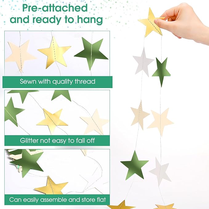 Patelai Glitter Star Garland Banner 2026 Graduation Decor 130 Feet Star Hanging Banner Twinkle Backdrop for Party Birthday Classroom Wedding Supplies(Sage Green, Gold, White)