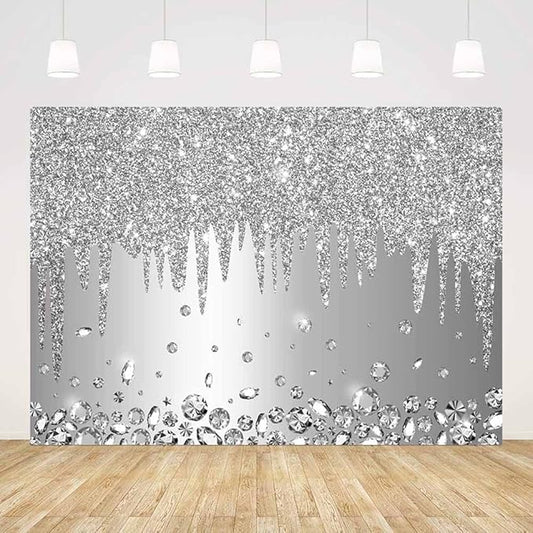 ABLIN 7x5ft Silver Backdrop Print Dripping Glitter Crystal Diamond Silver Happy Birthday Party Bridal Shower Wedding Decorations Photography Background Photo Shoot Props