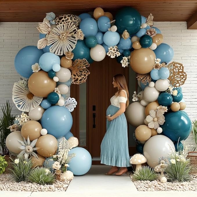 Dusty Blue Tan Balloon Garland Double Stuffed Slate Pastel Blue Brown Nude White Sand Latex Balloons Arch Kit for Neutral Birthday Baby Shower Gender Reveal Bridal Wedding Bear Party Decorations