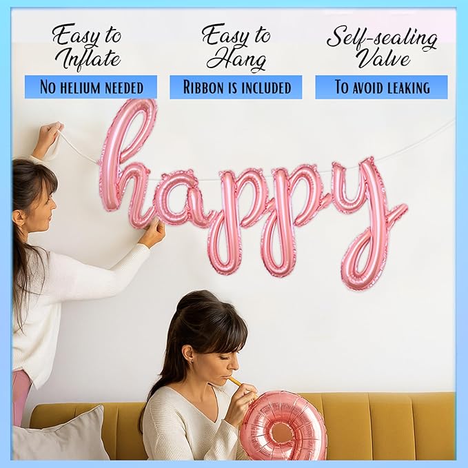 Rose Gold Happy Birthday Balloons Banner | Script/Cursive Rose Gold Letter Balloon Sign For Birthday Party Decor/Decoration | Foil Mylar Happy Birthday Banner
