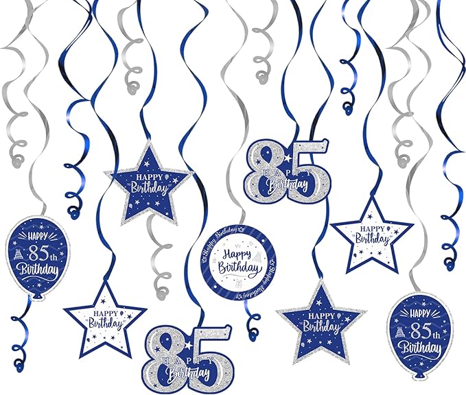 Happy 85th Birthday Blue & Silver Glitter Swirls Streamers Party Decorations - 15 Pcs 85th Birthday Hanging Swirls Streamers Kit,Perfect for 85th Bday Party Sign.