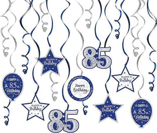 Happy 85th Birthday Blue & Silver Glitter Swirls Streamers Party Decorations - 15 Pcs 85th Birthday Hanging Swirls Streamers Kit,Perfect for 85th Bday Party Sign.