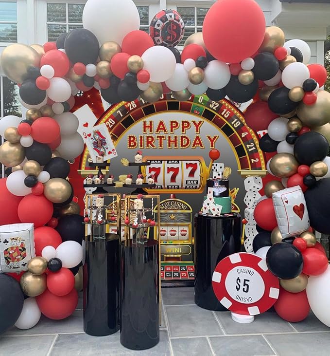 Mocsicka Casino Birthday Backdrop Las Vegas Theme Casino Night Happy Birthday Party Banner Decorations Dice Poker Birthday Photography Background Photo Booth Prop (Black/Red, 10x7ft(120''x82''))