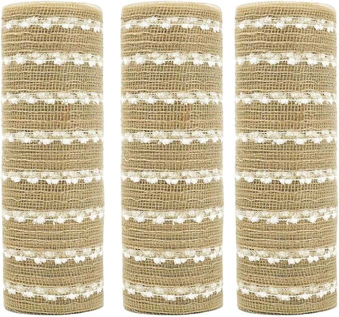 3 Rolls Jute Snowball Deco Mesh Ribbon for Wreath Making Supplies, 10 Inch x 30FT Metallic Foil Burlap Deco Mesh Fabric for DIY Crafts Christmas Tree New Year Wreath Swags and Decorating