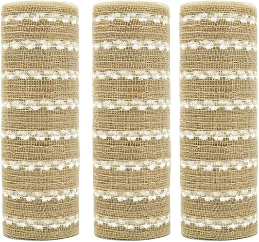 3 Rolls Jute Snowball Deco Mesh Ribbon for Wreath Making Supplies, 10 Inch x 30FT Metallic Foil Burlap Deco Mesh Fabric for DIY Crafts Christmas Tree New Year Wreath Swags and Decorating