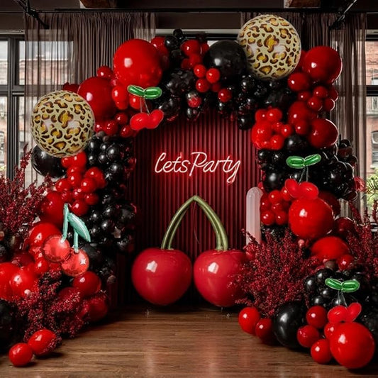 Red Black Balloon Arch Kit Double Stuffed Burgundy Black Maroon Balloon Garland Cherry Cheetah Print Balloons for Birthday Bridal Baby Shower Bachelorette Graduation Party Decorations