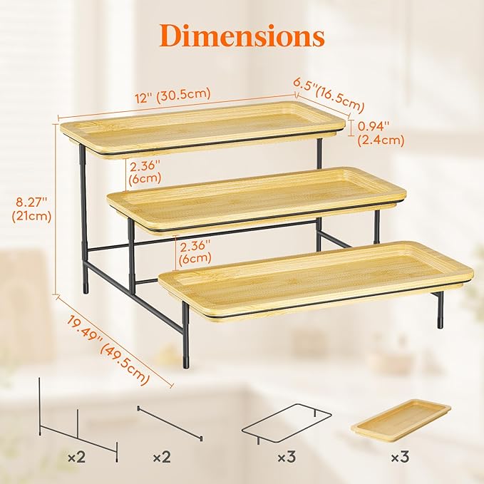 Lifewit 3 Tier Bamboo Serving Tray for Party Supplies, 30 x 17 cm/12" x 6.5" Platters for Serving Food, Reusable Trays with Black Metal Display Stand for Veggie, Fruit, Cookies, Dessert