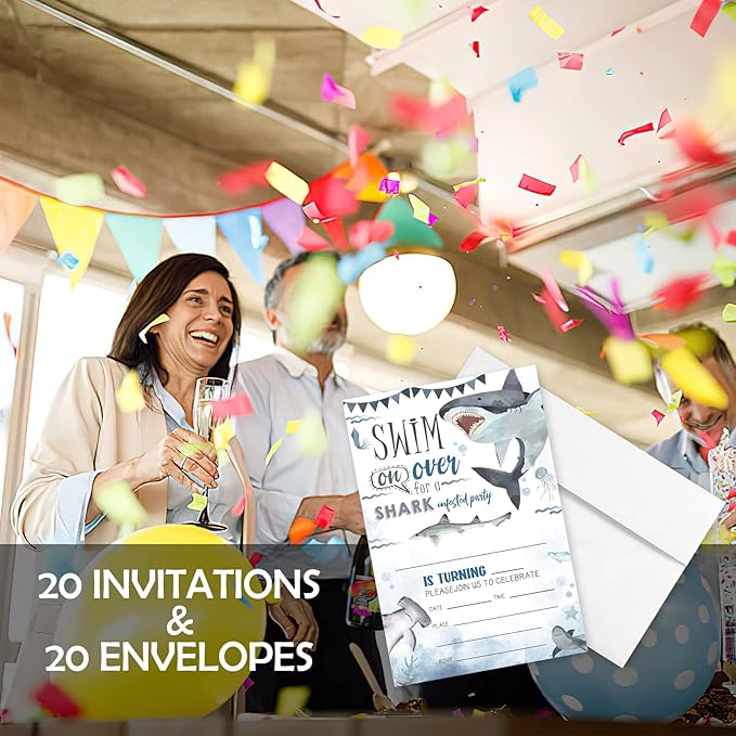 AEHIE 20 Sets Shark Birthday Invitations With Envelopes,Marine Life Sharks Double-sided Printed Birthday Party Invitation Invite Cards for Boys Girls Kids,Baby Shark Birthday Party Invites
