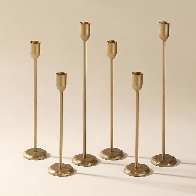 Perfnique Brass Candlestick Holders Set of 6 - Antique Gold Iron Candle Holders for Christmas, Birthday, Wedding, Party, Dining Table, Fireplace Mantel Decor (Gold)