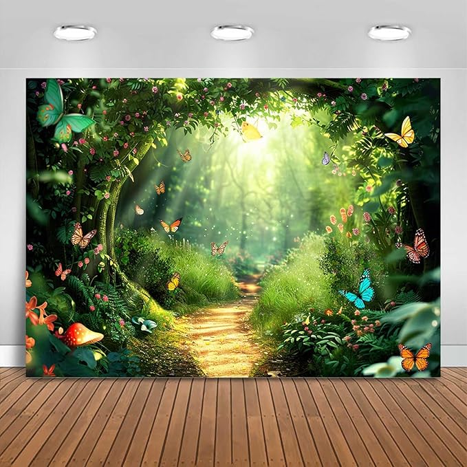Mocsicka Enchanted Forest Banner Backdrop Fairy Magic Forest Party Decorations Banner Butterfly for Kids Girls Wonderland Background for Photography (Green, 96x72 inch)