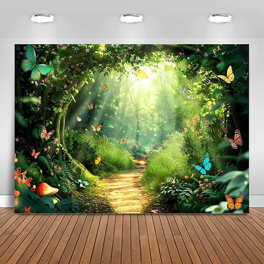 Mocsicka Enchanted Forest Banner Backdrop Fairy Magic Forest Party Decorations Banner Butterfly for Kids Girls Wonderland Background for Photography (Green, 96x72 inch)