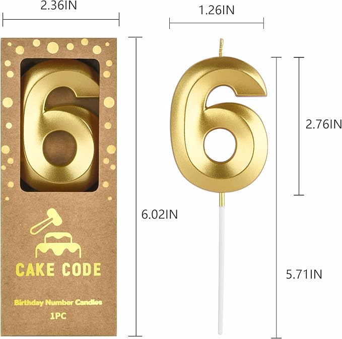 2.76 Inch Diamond Gold 6 Number Birthday Candles, Gold & Cake Number Candles, Party Celebration