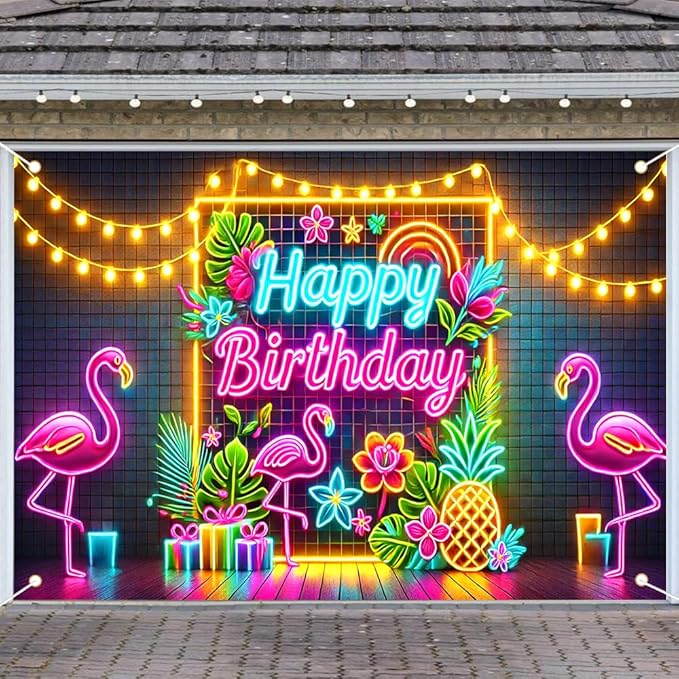 71x43 Inch Birthday Party Banner with Neon Happy Birthday Flamingos Tropical Flowers Pineapple Indoor Outdoor Wall Door Porch Decoration Backdrop Photo Prop