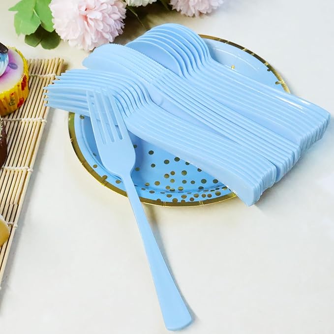 150 Pack Blue Plastic Silverware, Light Blue Plastic Utensils Heavy Duty, 50 Forks, 50 Knives, 50 Spoons for Birthday Wedding Baby Shower Boy