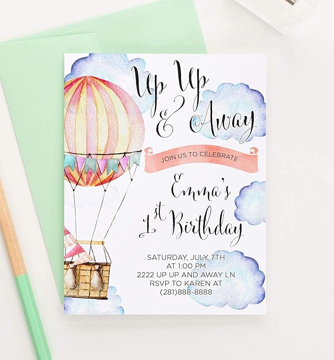 1st Birthday Invites for Girls, Hot Air Balloon Birthday Invitations, Up Up and Away Balloon Invitations Birthday, Adventure Awaits Birthday Invites, Your choice of Quantity, Age Info + Envelope Color