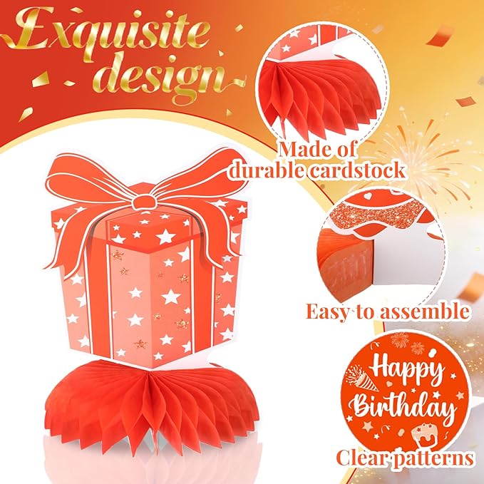 12Pcs Orange Birthday Decorations Honeycomb Centerpieces for Men Women Kids, Orange Happy Birthday Table Centerpieces for Adult Boys Girls Birthday Party Table Topper Sign Decor Supplies