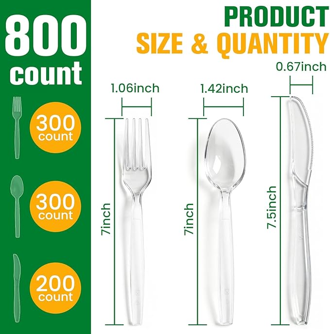 800 Count Plastic Silverware Heavy Duty,Clear Disposable Plastic Utensils Set,300 Forks, 300 Spoons,200 Knives,BPA-Free, Heat Resistant PlasticCutlery, Plasticware Bulk for Catering & Events, Daily