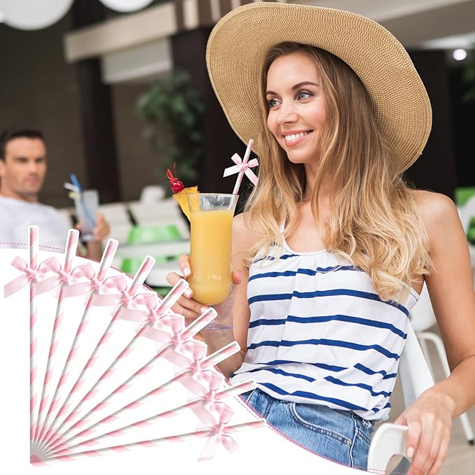Potchen 200 Pcs Valentine's Day Bow Paper Straws Bulk Pink and White Disposable Striped Straws for Drinking, Valentines Theme Party Supplies for Birthday Wedding Cake Bachelorette Baby Shower Decor
