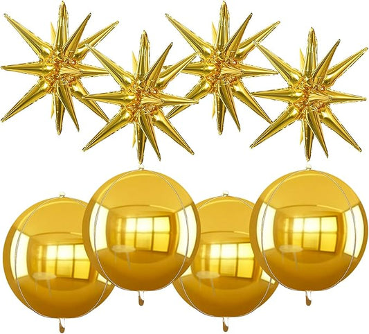 TONIFUL 8 Pcs 22Inch Gold Large 4D Giant Round and Star Balloons Explosion Star Mylar Balloons Set for Backdrop Christmas New Year Birthday Wedding Bridal Shower Anniversary Photo Booth Supplies