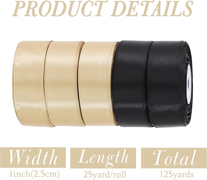 TONIFUL 1 Inch 5 Rolls Black Gold Ribbon, Graduation Satin Ribbon for Gifts Wrapping, Flower Bouquets, Bows Making, Crafts, Birthday, Graduation Leis, Christmas Party Decorations(25 Yards/Roll
