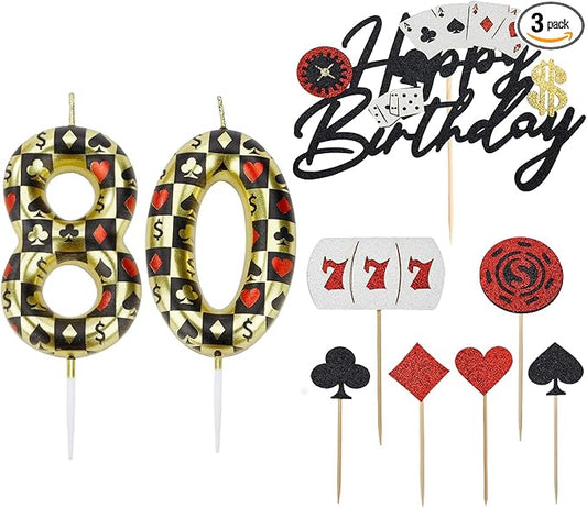 Casino Birthday Number Candles for Cake, Poker Birthday Candles for Casino Themed Birthday Party Decoration, Glitter Casino Birthday Cake Topper for Casino Night Theme Birthday Cake(Number 80)