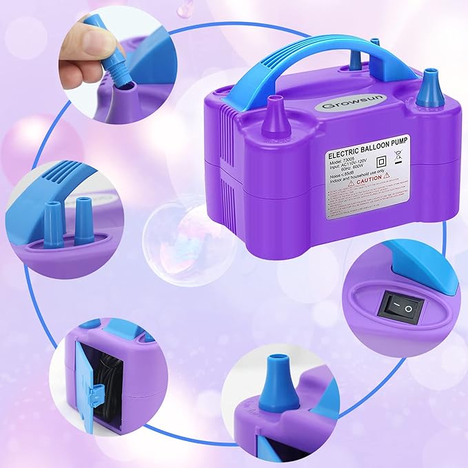 Growsun Electric Balloon Pump Air Inflator Portable Automatic Dual Nozzle Balloon Blower 110V 600W for Birthday Baby Shower Balloons Party Decorations