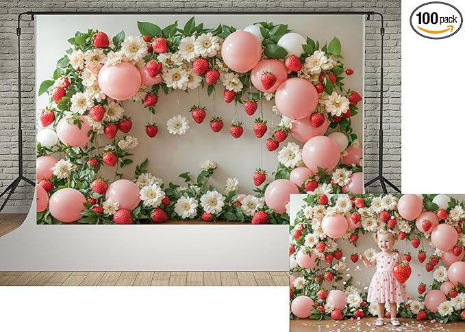 Kate 7x5ft Strawberry Daisy Balloon Photography Backdrop Pink White Floral Photo Booth Background for Sweet One Birthday Berry Sweet Baby Shower Girl Strawberry Themed Party Decorations