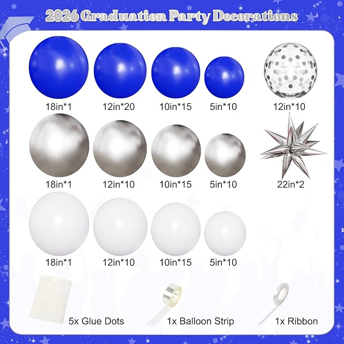Blue White Silver Balloon Arch Kit, 130Pcs Blue and Silver Graduation Decorations with Foil Star Silver Confetti Balloons for College High School Graduation Decorations Class of 2026