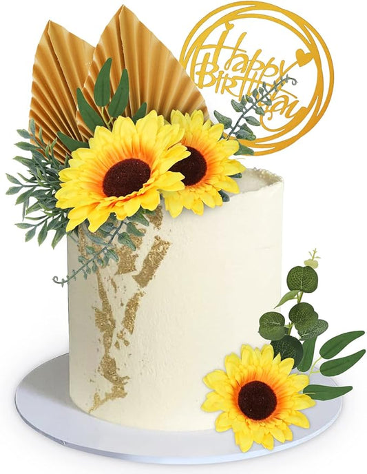 MEMOVAN Sunflower Cake Topper 18pcs Sunflower Cake Decoration with Gold Happy Birthday Cake Topper Sunflowers Golden Palm Eucalyptus Leaves for Sunflowers Boho Summer Birthday Wedding Baby Shower