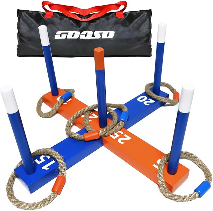 GOOSO Ring Toss Game for Kids - Indoor & Outdoor Game for Family and Adults with 5 Poles, 2 Bases and 6 Rings in 2 Colors, Backyard Party Activities for Adults Lawn Games for Kids