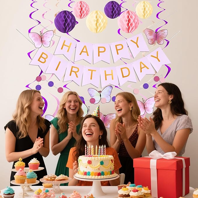 Happy Birthday Banner with Honeycomb Balls, Butterfly Hanging Swirl Streamers, Circle Dots Garland, Happy Birthday Party Decorations for Women Girls