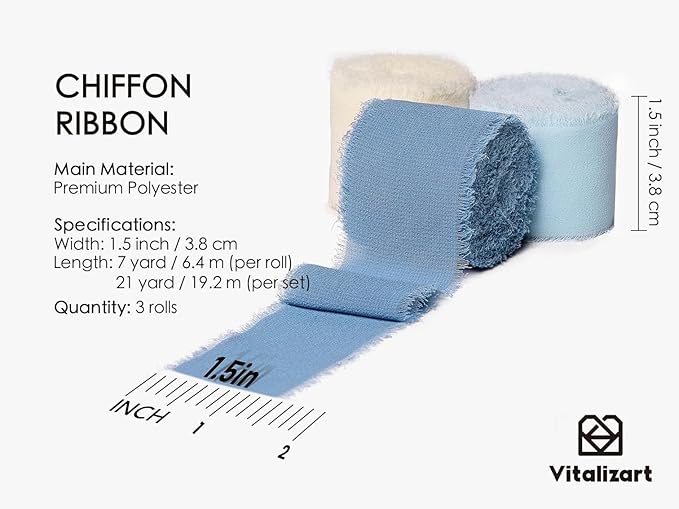 Vitalizart Blue Handmade Chiffon Silk Ribbon Fringe 1.5" x 21 Yd Dusty & Baby Blue Frayed Edges Ribbons for Wedding Invitations Bridal Bouquets Gifts Wrapping Crafts Holiday Party Decorations