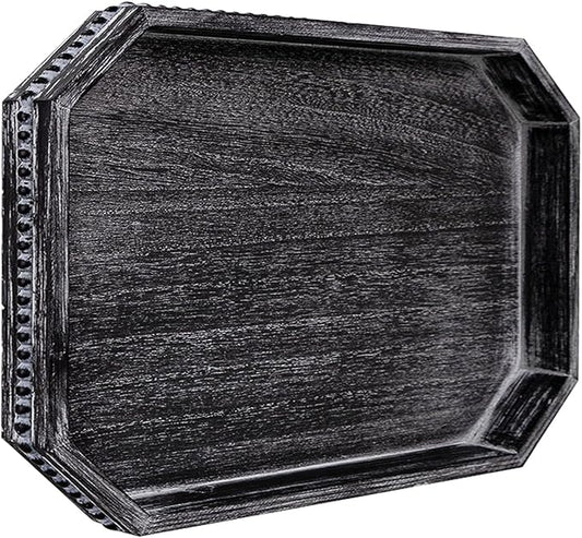 CedarLux Decorative Coffee Table Serving Tray, Long Octagonal Black Wood Tray with Wooden Bead, Farmhouse Big for Ottoman Table, Countertop, Home Decor, 16.5"x13"x1.6" (Retro Black)