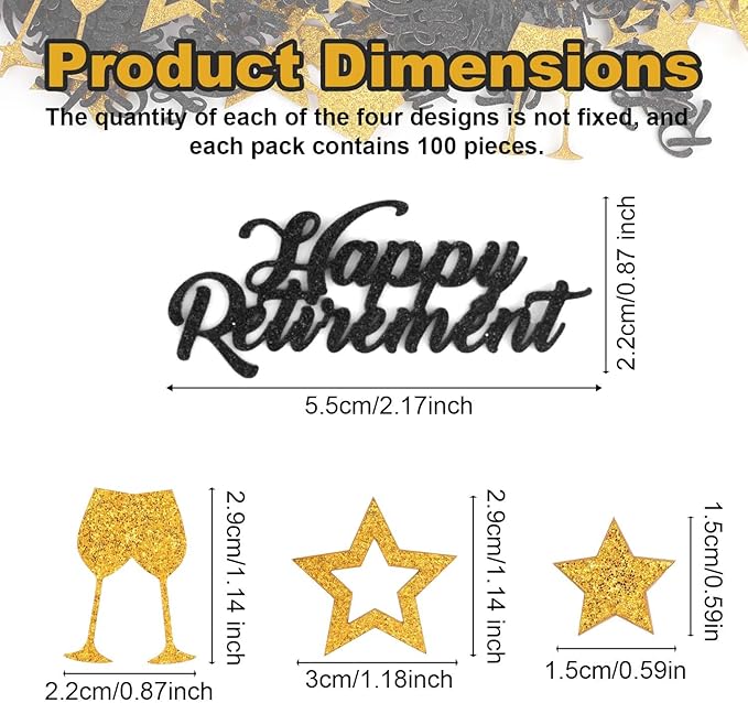 100pcs Gold Confetti, 4 Design Happy Retirement Confetti Wine Glass Five-Pointed Star Letters Birthday Table Decorations Gold Table Scatter for Wedding Office Farewell Party Celebration Supply