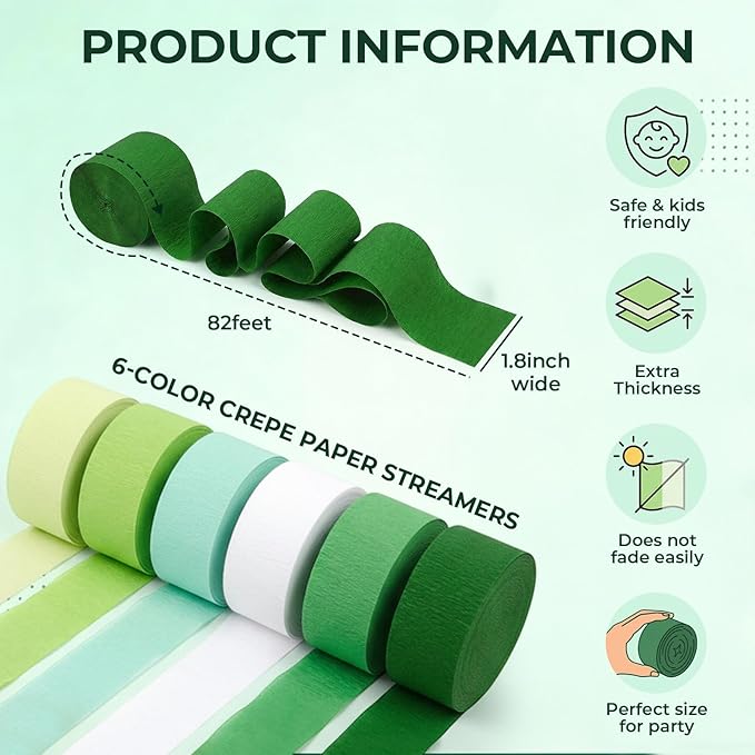 Koogel 12 Rolls Gradient Green Crepe Paper Streamers - 1.8 in x 82 ft Each - Bulk Decorations for St. Patrick's Day, World Cup Soccer Party, Tropical Fiesta, and Piñata Making Supplies