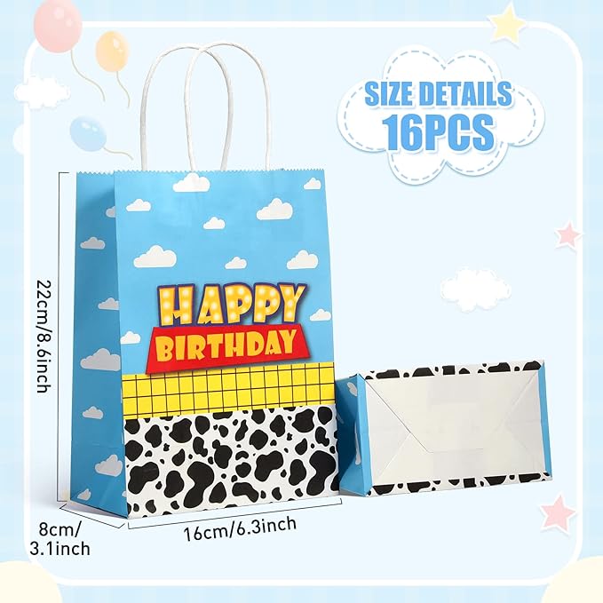 16 Pcs Cartoon Story Party Favor Bags, Cow Pattern Goodie Treat Bags, Blue Sky White Cloud Kraft Paper Candy Gift Bags With Handle for Kids Birthday Party Decorations