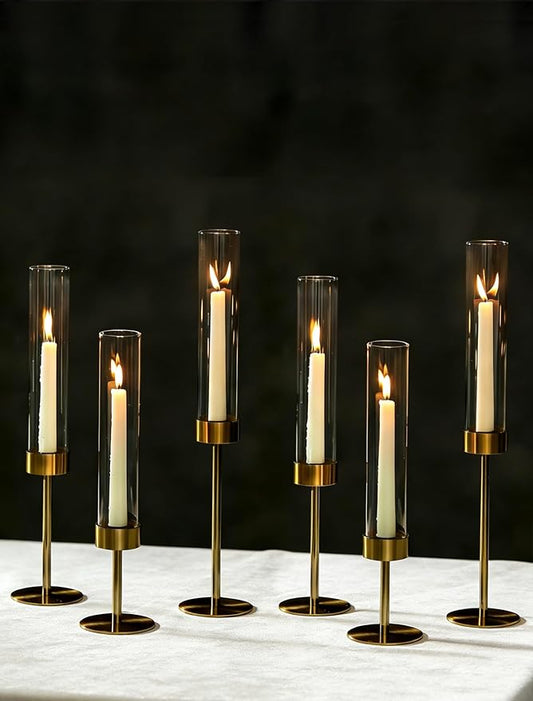 NUPTIO Hurricane Candle Holder for Centerpiece: Set of 6 Gold Taper Candle Holders Bulk - Tall Brass Candlestick Holders with Cylinder Shape Cover for Dinner Table Christmas Decor