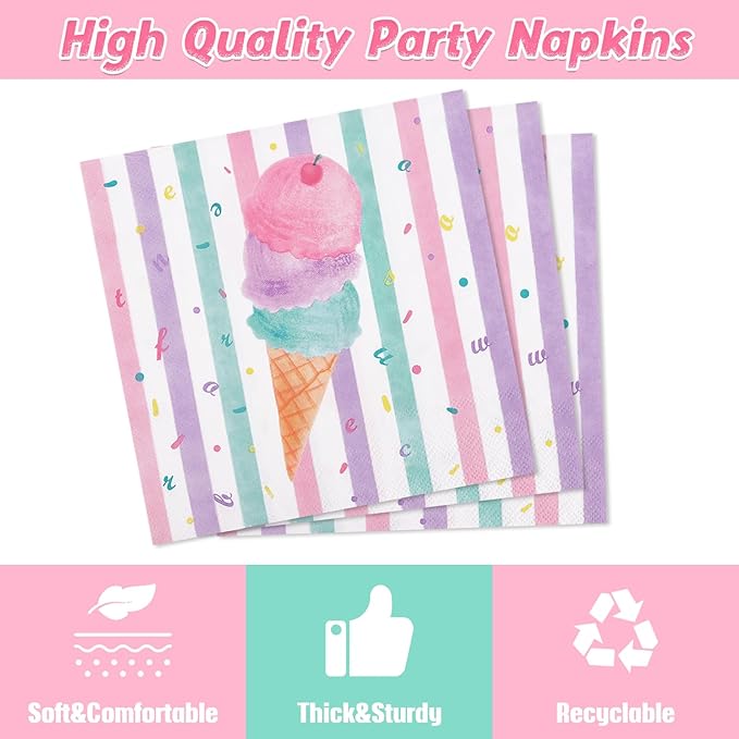 WERNNSAI Ice Cream Party Supplies - 96 PCS Ice Cream Plates Napkins and Forks Pink Popsicle Themed Party Tableware Decorations for Girls Birthday Pool Summer Baby Shower Serves 24 Guests